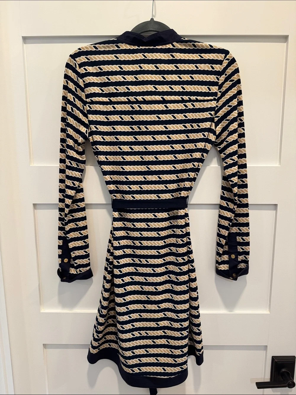 Tory Burch Navy and Cream Rope-Print Long-Sleeve Shirt Dress